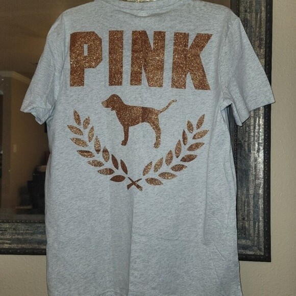 Campus T-shirt Heather Grey Glitter Logo PINK Victoria's Secret Medium NWT - Picture 4 of 7